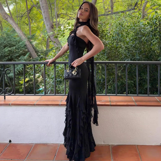New ruffle leaf edge sexy halter neck hip skirt slim holiday style European and American dress