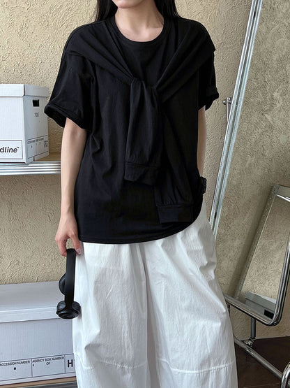 Korean simple fashion shawl fake two-piece T-shirt women's spring and summer new products age-reducing stacked short-sleeved top