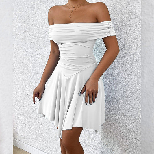 One-Shoulder Tube Top Dress Women Elastic Waist Irregular Hem Mini