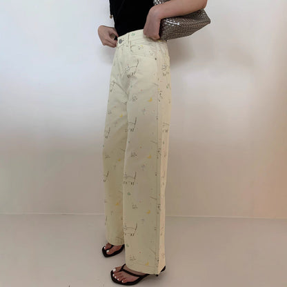 Loose Cartoon Print High Waist Straight Jeans