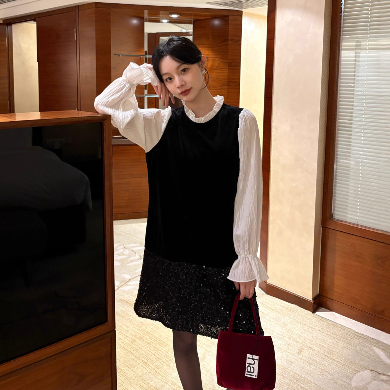 French rich daughter heavy industry sequined velvet fake two-piece dress