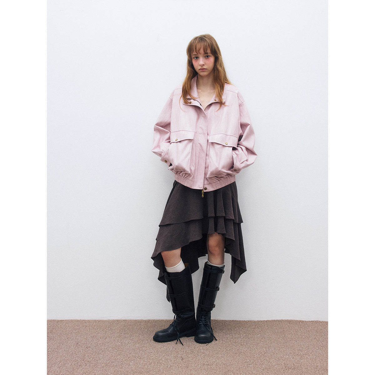 Autumn casual stand-up collar classic retro super soft big pocket versatile leather jacket