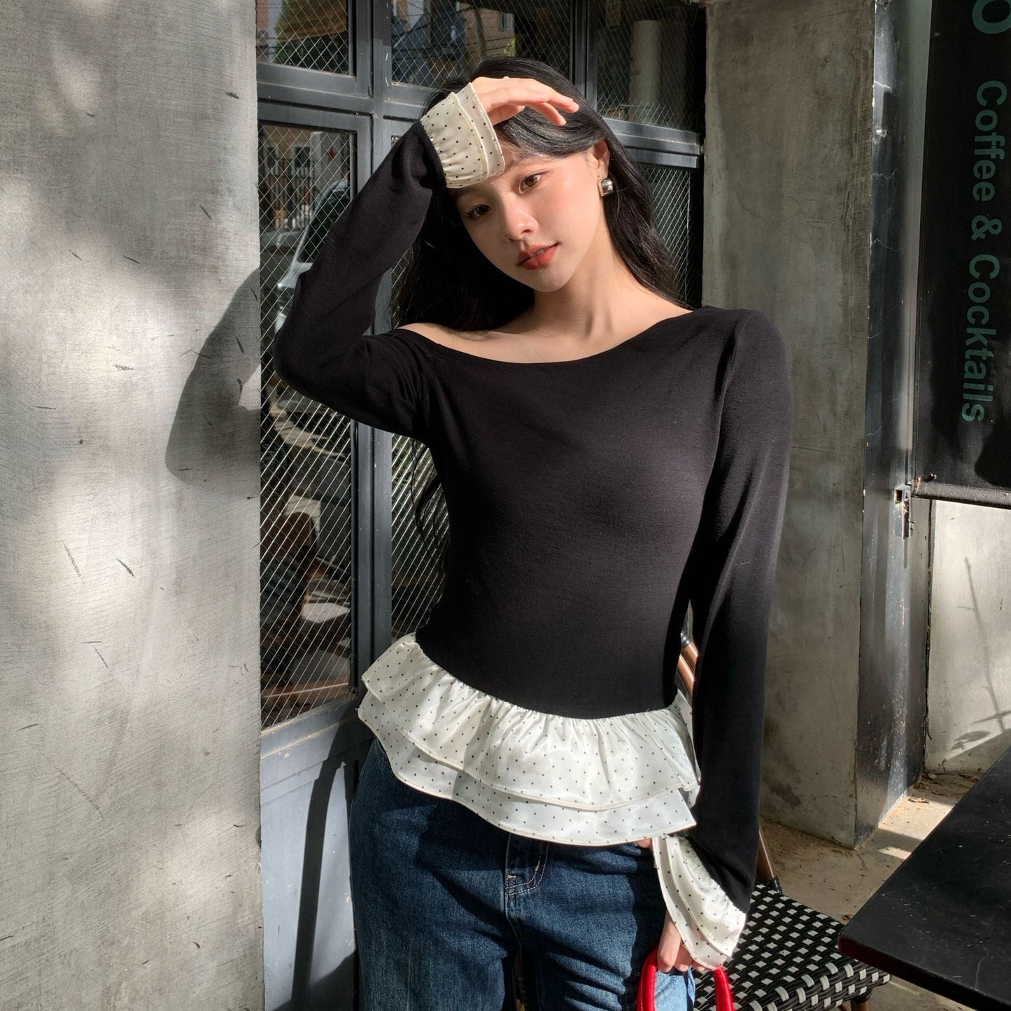 Pure desire sexy royal sister style slanted shoulders slim long-sleeved T-shirt
