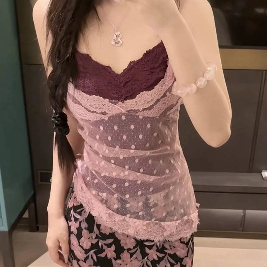 Vintage Polka Dot Lace Cami Top