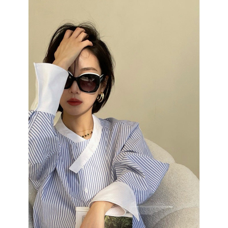 Spring and summer new top design sense niche chic casual cotton round neck tea striped shirt