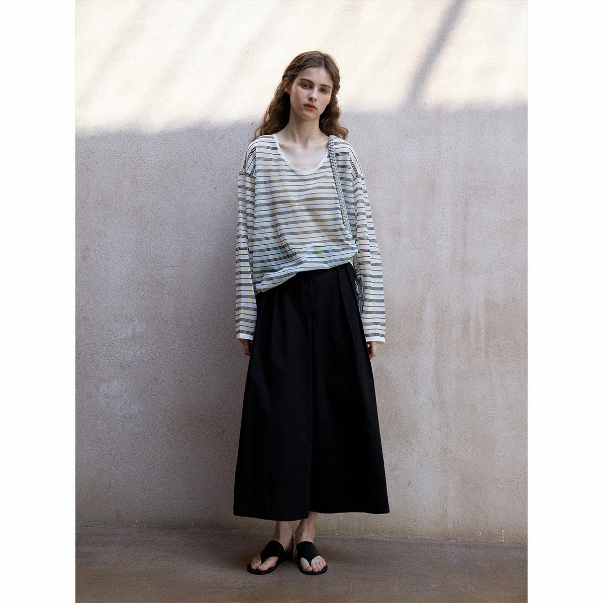 Summer soft and cool wash cotton adjustable middle waist commuting casual nine-point wide-leg pants