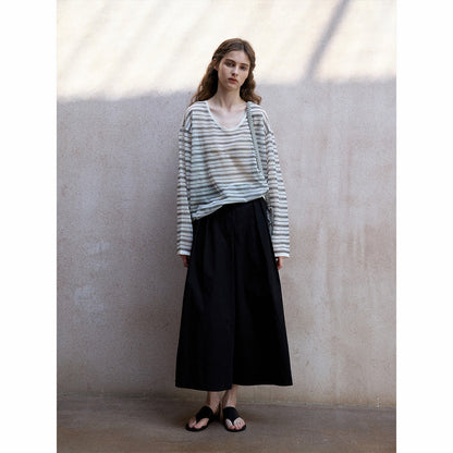 Summer soft and cool wash cotton adjustable middle waist commuting casual nine-point wide-leg pants