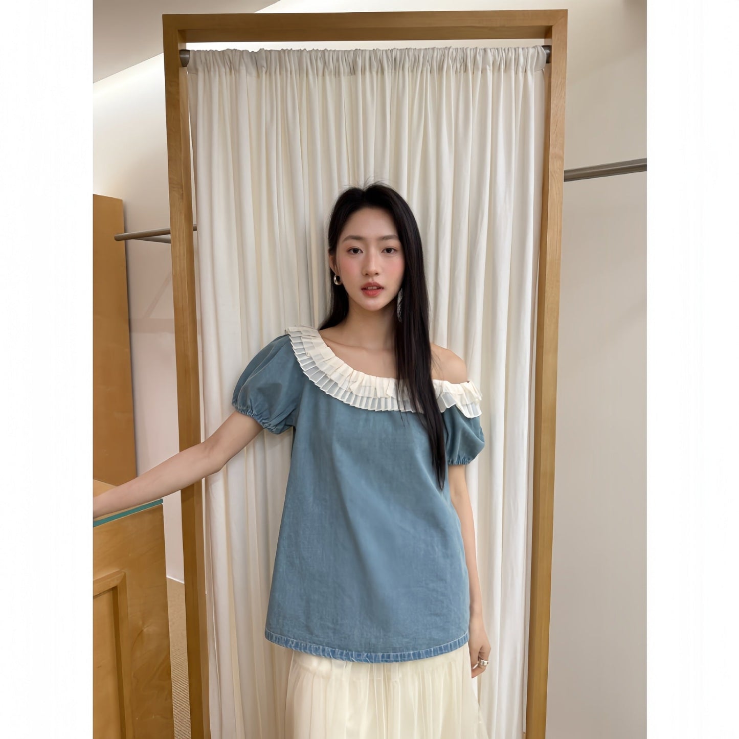 Ruffle Trim Off-Shoulder Denim Top
