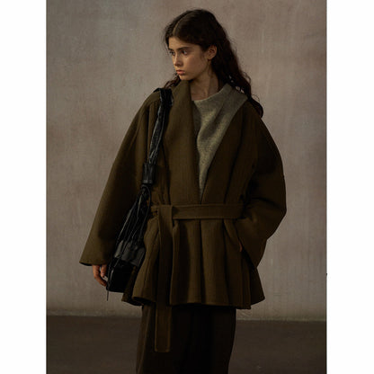 Wool thermal bat silhouette simple commuter bathrobe collar strap double-sided jacket