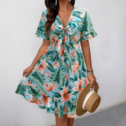 New v-neck floral print fashion resort knee-length summer dress