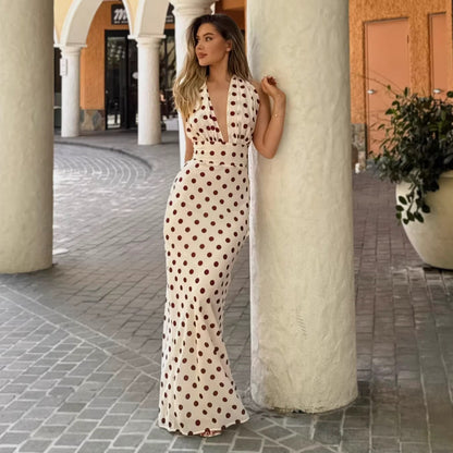 New fashionable and sexy polka dot hip skirt waist slim holiday style neck dress women