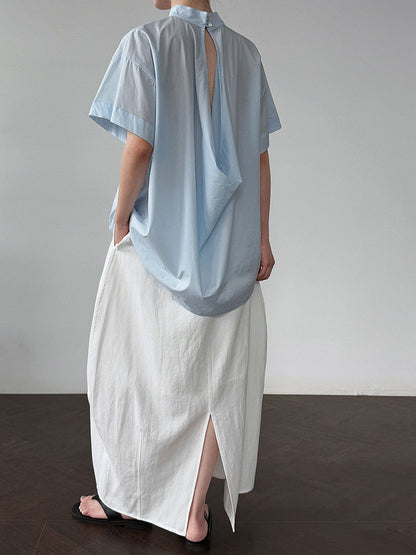 Korean-inspired, niche design blouse with a cutout back. new summer lightweight stand collar short-sleeve shirt for women