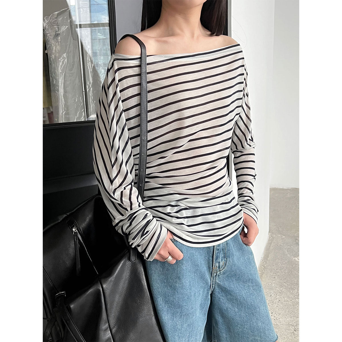 French Minimalist Pinstriped Irregular Slant Shoulder Waist Skinny Top Women's Tencel Long Sleeve T-Shirt