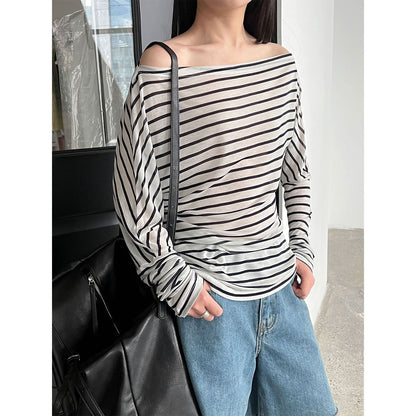 French Minimalist Pinstriped Irregular Slant Shoulder Waist Skinny Top Women's Tencel Long Sleeve T-Shirt