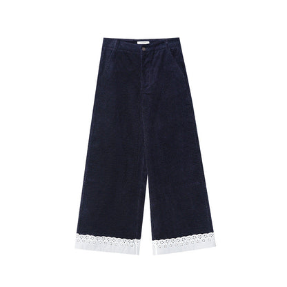 Splicing lace corduroy straight-leg pants