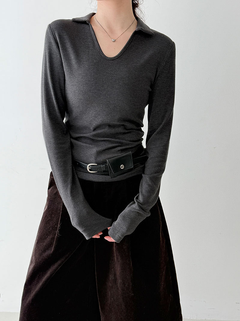 Simple design slim-fitting v-neck high-end sense thin bottoming shirt women's autumn new small lapel top