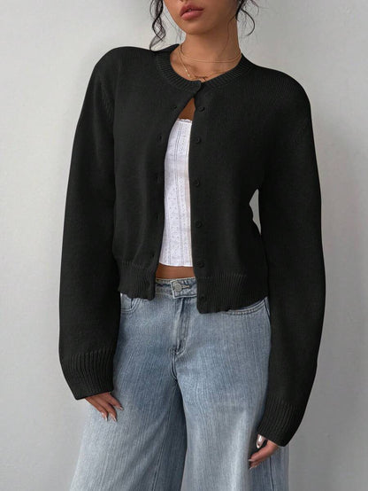 Autumn and winter round neck threaded long-sleeved button women's cardigan jacket sweater soft waxy short loose and thin