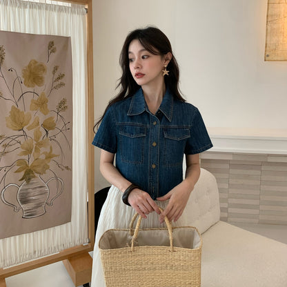 Lapel Small Short Sleeve Denim Short Jacket