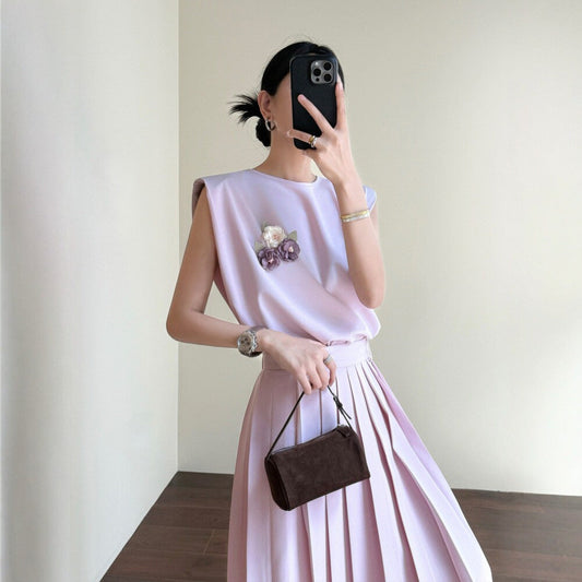 Summer gentle pink! Cover sleeve loose vest vest three-dimensional cut pleated skirt set