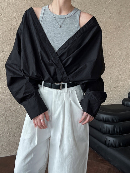 Spring French high-end silhouette commuter off-the-shoulder shirt with knitted vest inside, fake two-piece top women