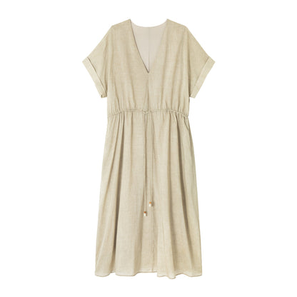 Summer new design Tencel V-neck drawstring waist glossy dress
