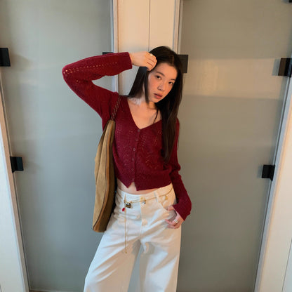 Casual single-row deep v-neck hollow-knit cardigan sweater