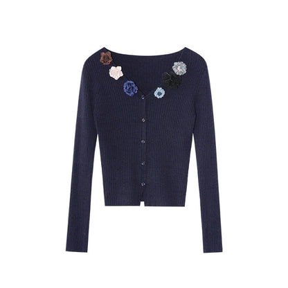 Sweet three-dimensional flower single-breasted v-neck pit strip sweater cardigan