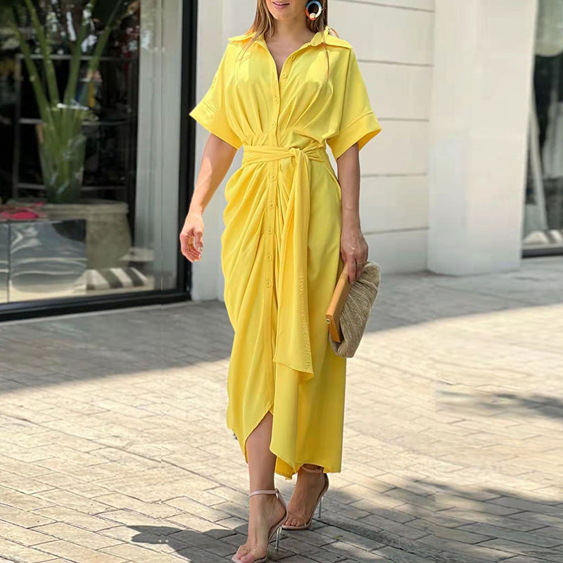 Elegant Lapel Collar Printed High-Waist Maxi Dress