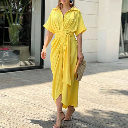 Elegant Lapel Collar Printed High-Waist Maxi Dress