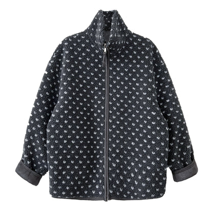 Korean style retro polka dot lambswool stand collar top - warm women's winter new double zipper jacket