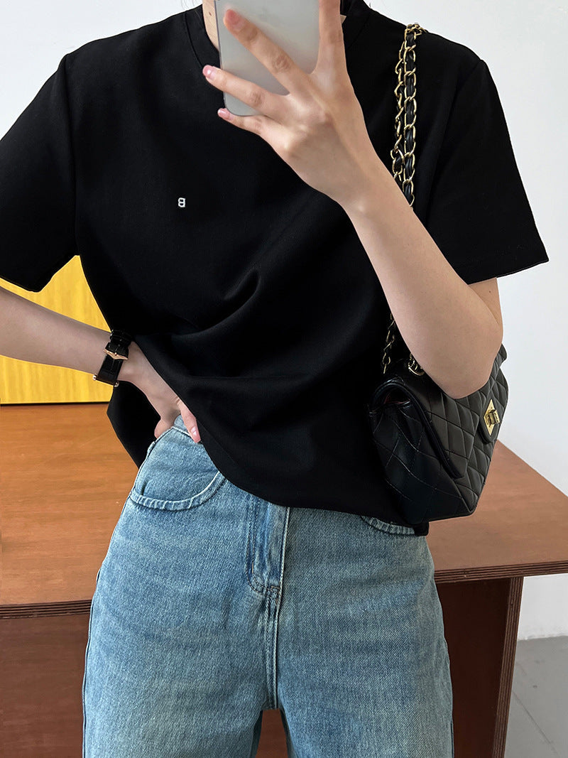 Letter embroidery simple short-sleeved T-shirt women's spring and summer new inner pullover bottoming shirt front shoulder top