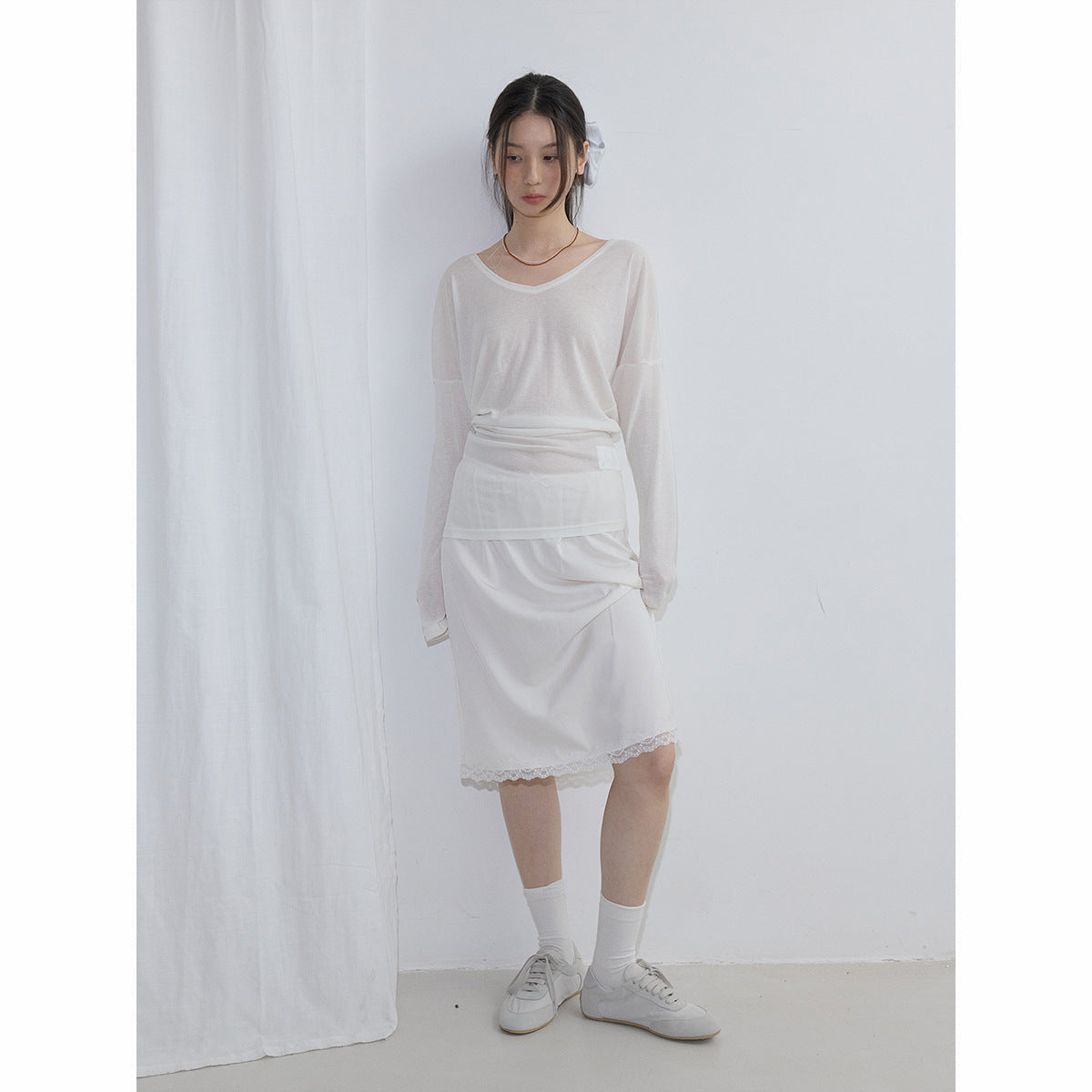 Spring new casual high waist simple solid color linen satin lace medium and long skirt