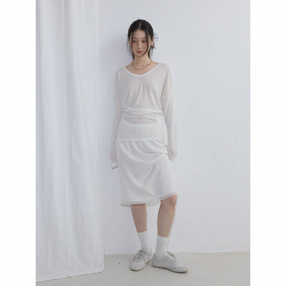 Spring new casual high waist simple solid color linen satin lace medium and long skirt