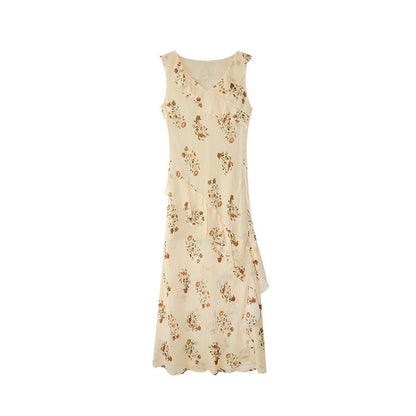 Elegant temperament ruffle floral sleeveless dress