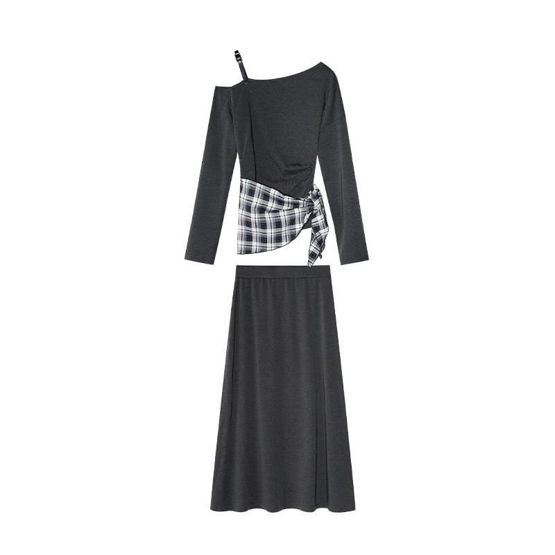 Slant neck off-the-shoulder top skirt set