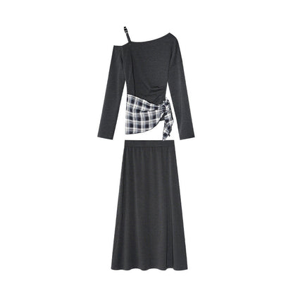 Temperament French careful machine diagonal neck off-the-shoulder top skirt set