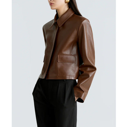 Lapel leather jacket jacket women's autumn and winter long-sleeved short trench coat
