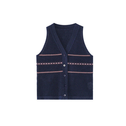 Simple striped cotton single-breasted v-neck sleeveless knitted vest
