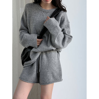 Korean soft waxy wool knitted top + shorts two-piece set