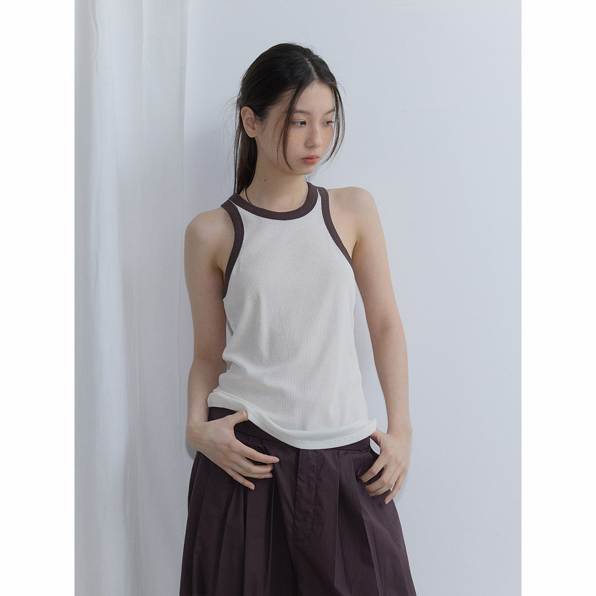 Summer new casual pure cotton contrasting color round neck simple versatile dopamine pit strip vest