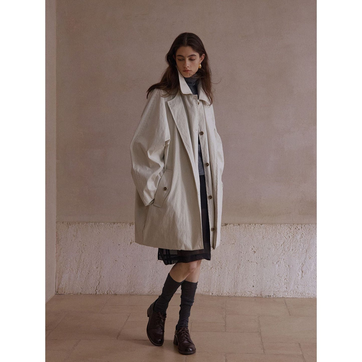 New cotton brocade fake two-piece double-layer cocoon silhouette texture trench coat