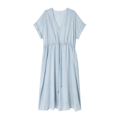 Summer new design Tencel V-neck drawstring waist glossy dress
