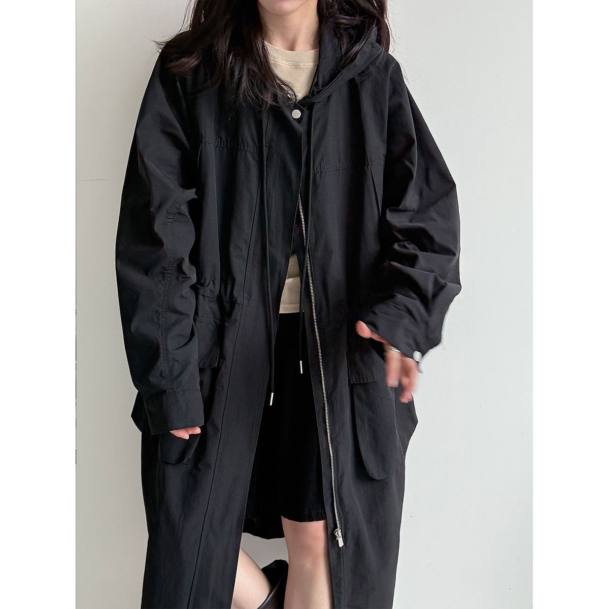 Premium British style hooded trench coat autumn design waist thin long coat