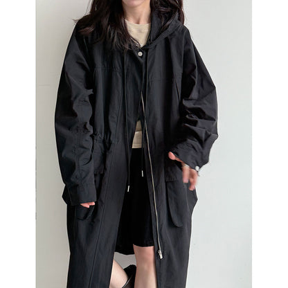 Premium British style hooded trench coat autumn design waist thin long coat