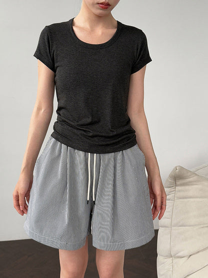 Huge comfort~ Tencel wool shoulder U-neck short-sleeved T-shirt women's summer commuting slim-fitting and thin top