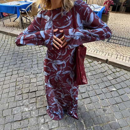 New women's fashion slim holiday dress women's French long-sleeved chiffon print dress