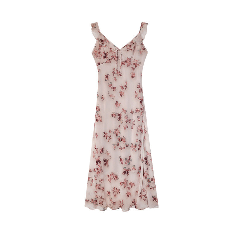 Spring French retro wavy edge lace-up v-neck sleeveless suspender dress