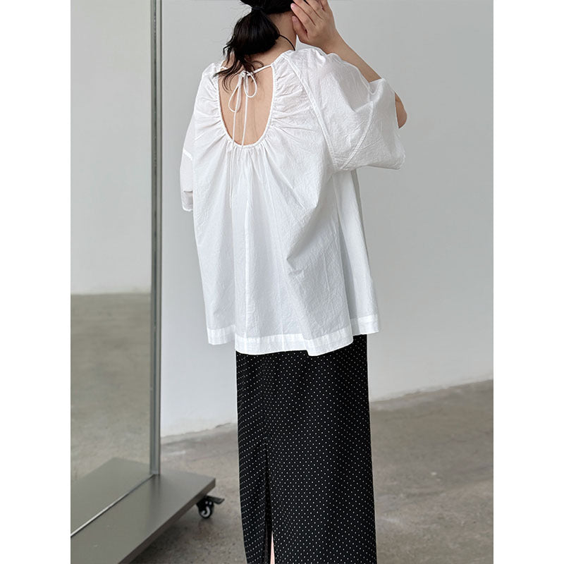 Korean back strap backless age-reducing shirt summer new pleated round neck short-sleeved shirt top