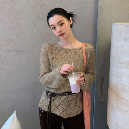 Loose long-sleeved hollow crochet knitted sweater blouse