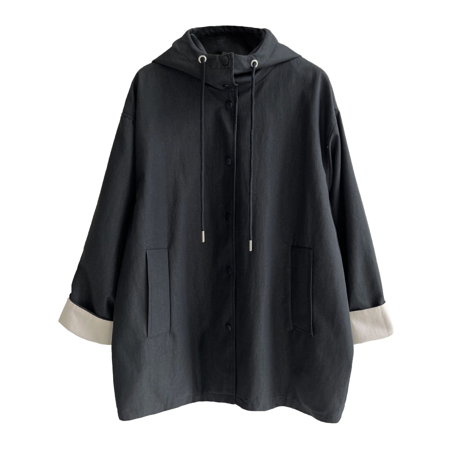Korean simple contrasting color splicing cuffs casual autumn new hooded loose trench coat